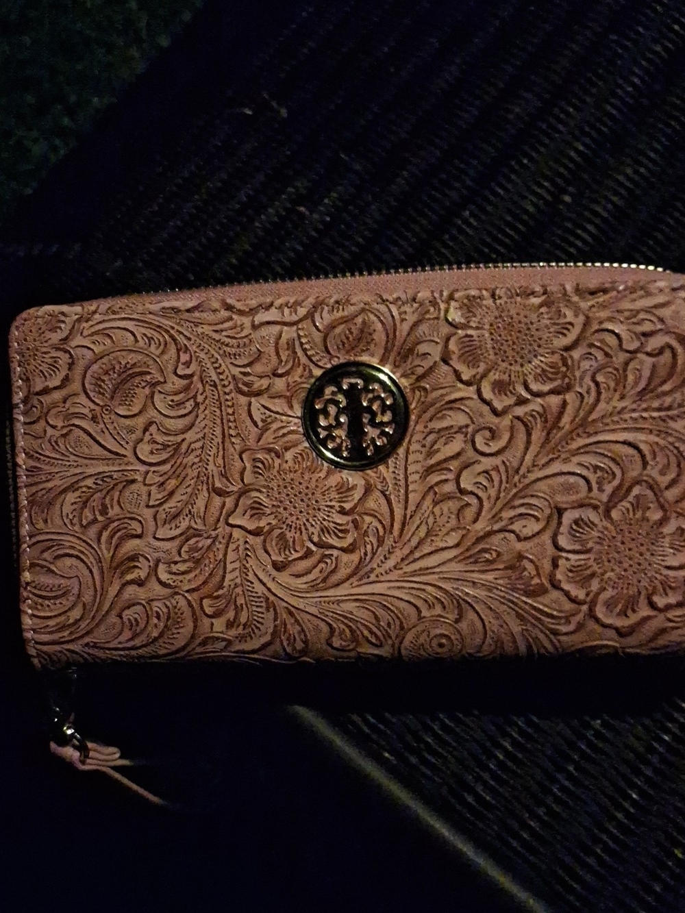 Embossed Floral Zip Wallet - Pink Taupe with Metal Logo
